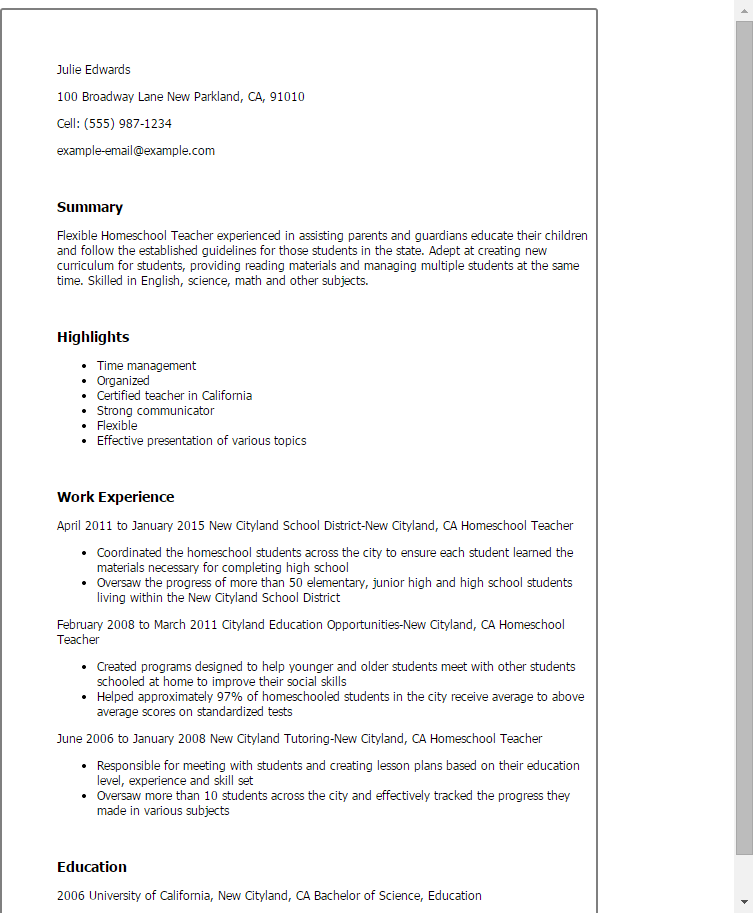 Homeschool Teacher Resume Example