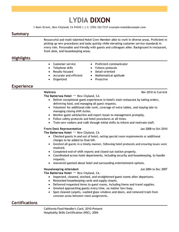 Hotel Crew Member Resume Sample