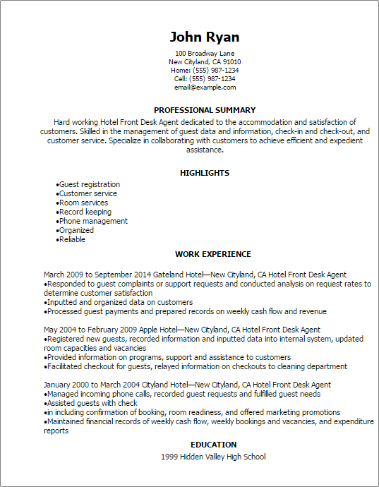 Hotel Front Desk Agent Resume Example