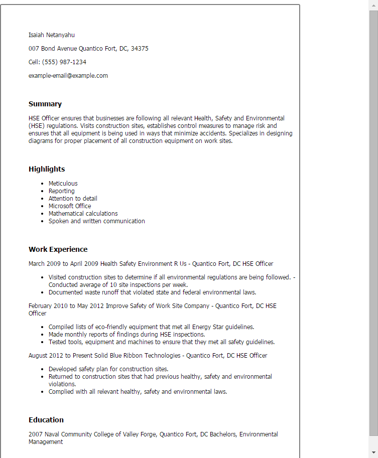 1 Hse Officer Resume Example Try Them Now Myperfectresume