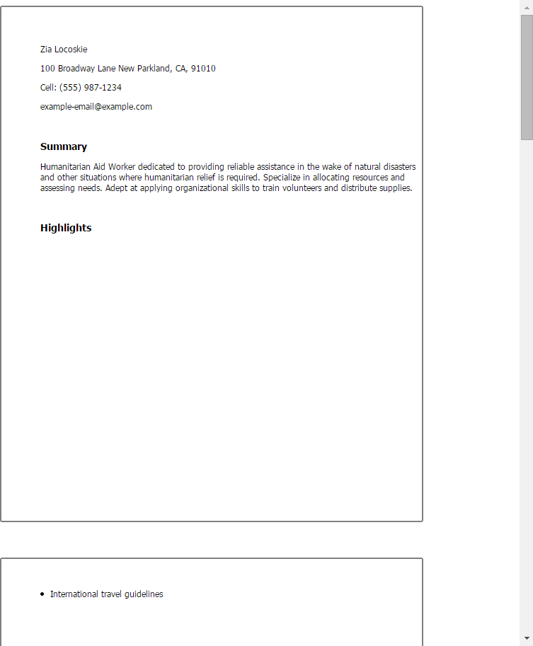 Humanitarian Aid Worker Resume Example
