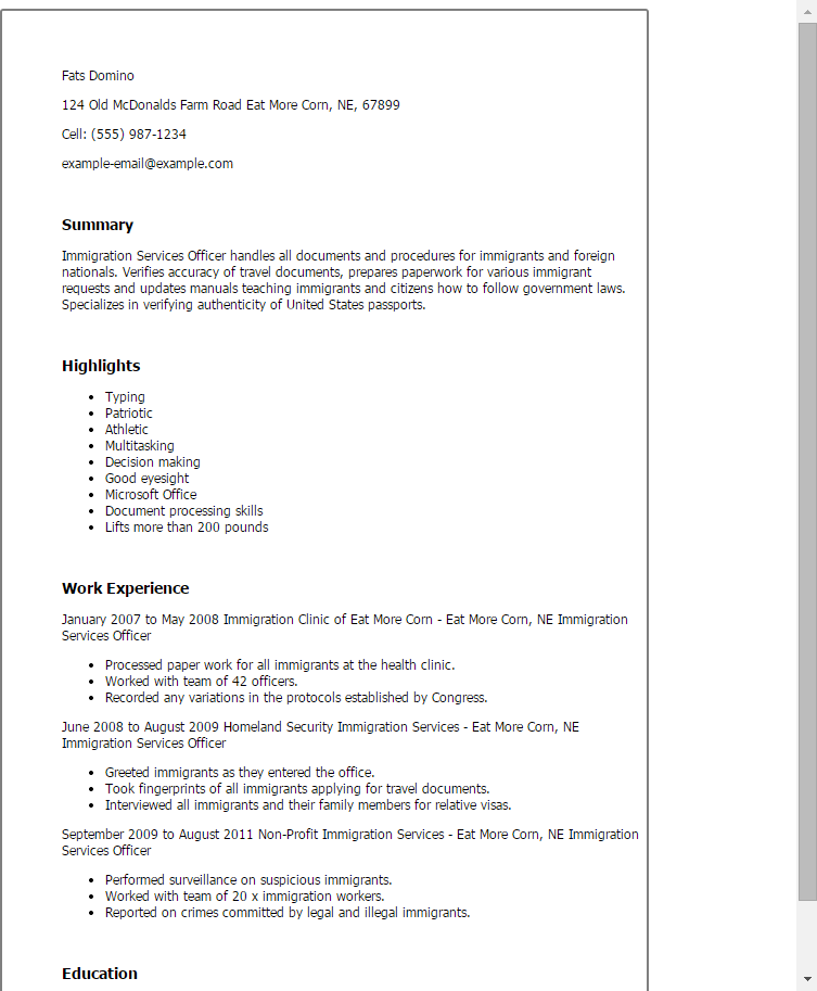 resume sample for canada immigration