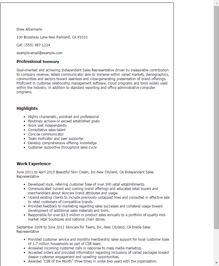 independent sales representative resume example