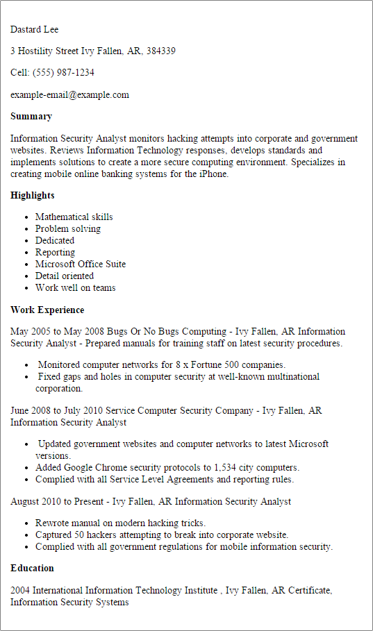 Information Security Analyst Resume Example Mpr