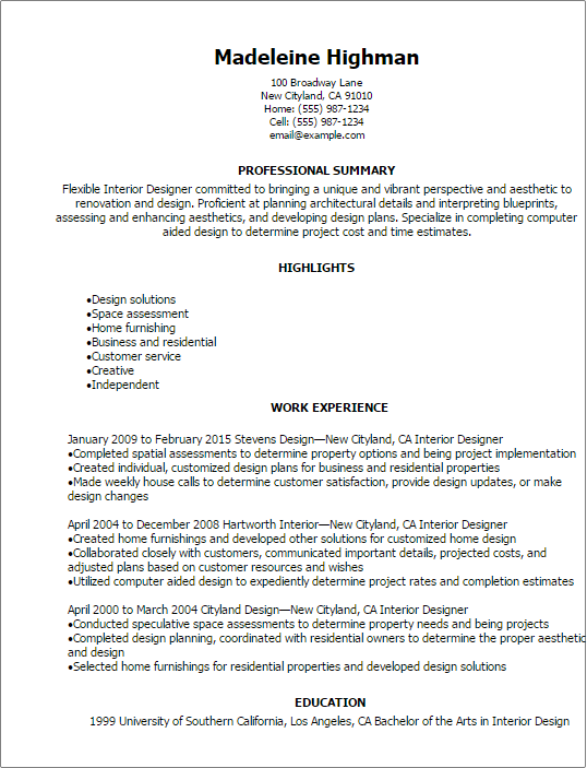 Interior Designer Resume Example