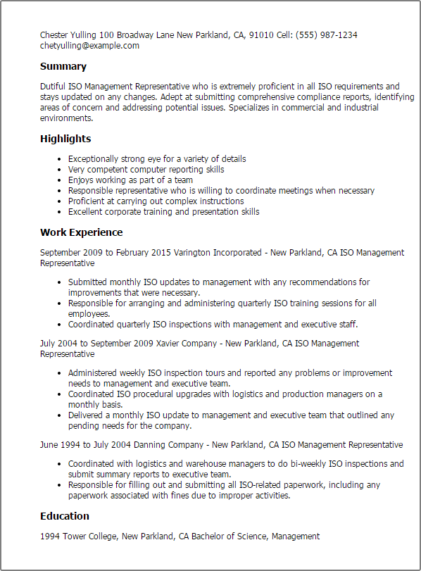 Iso Management Representative Resume Sample