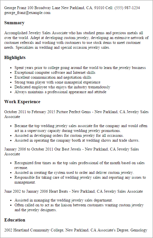 Jewelry Sales Associate Resume Format