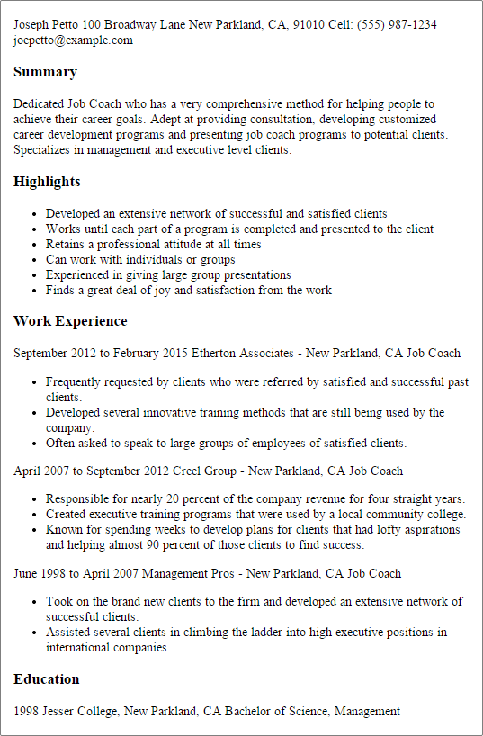 job coach resume format