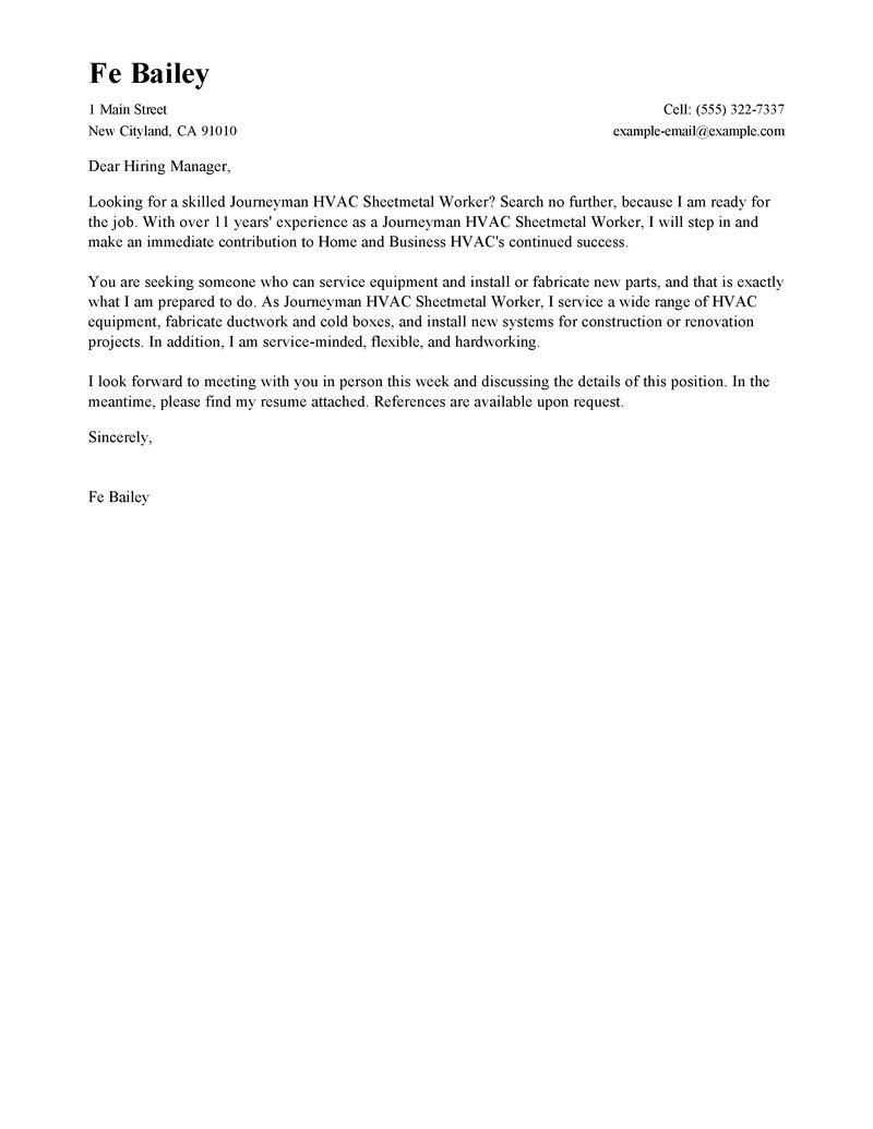 journeyman hvac sheetmetal workers cover letter example