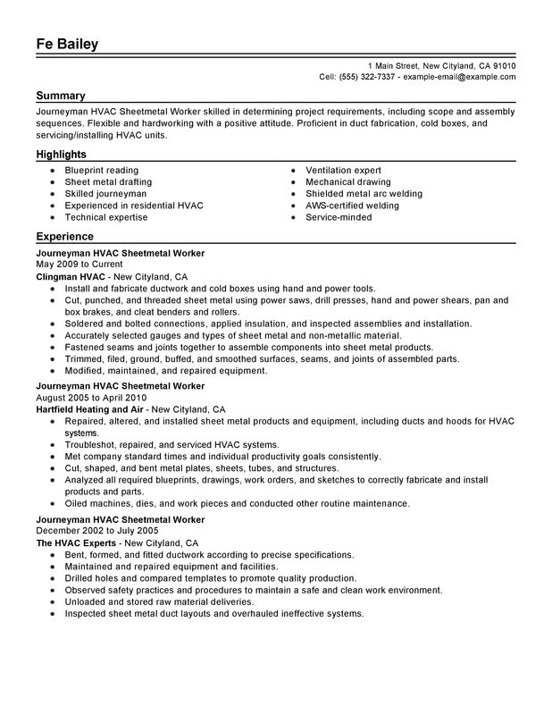 Journeyman Sheet Metal Workers Resume Example