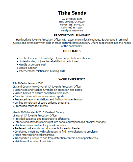 Juvenile Probation Officer Resume Example