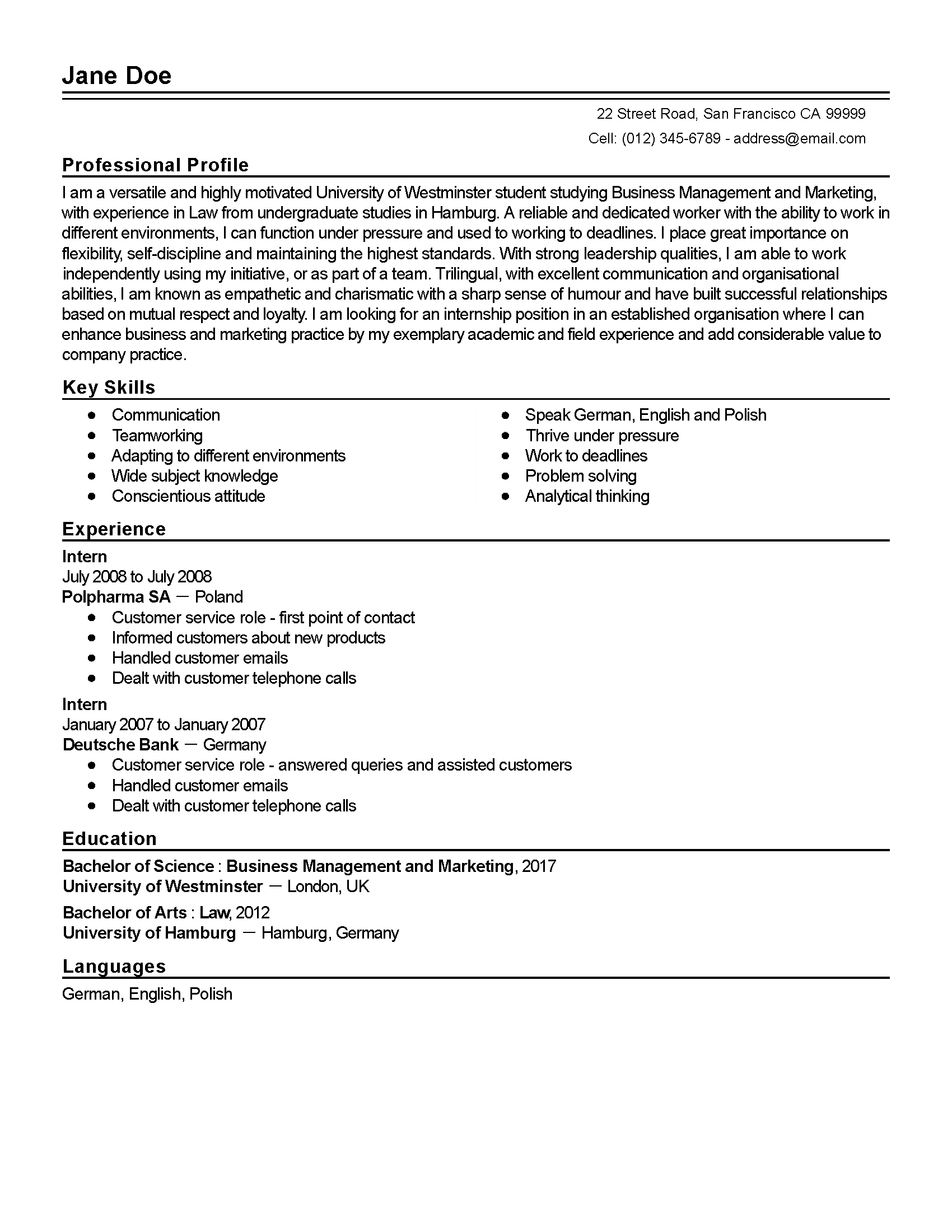 law internship resume examples