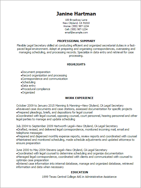 Legal Secretary Resume Example