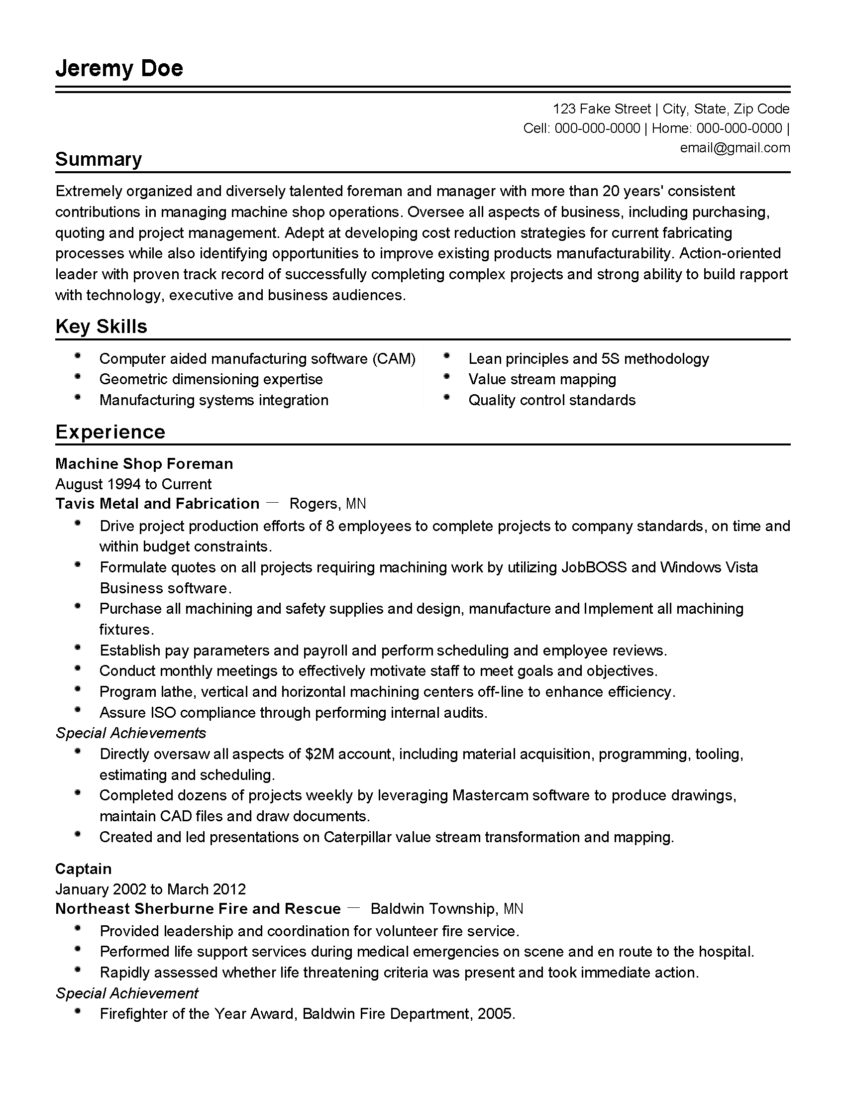 Machine Shop Foreman Resume Template