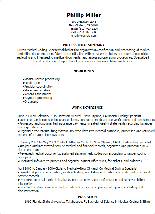 Medical Coding Specialist Resume Example
