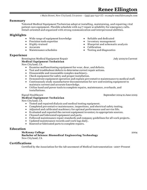medical equipment technician resume sample
