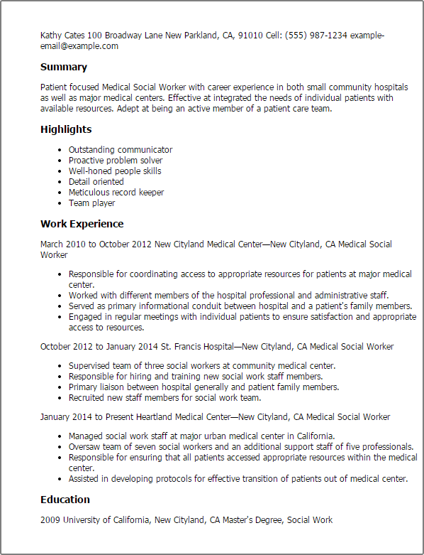 Medical Social Worker Resume Example