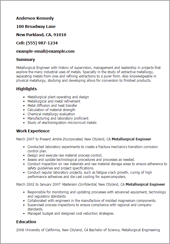 Metallurgical Engineer Resume Example
