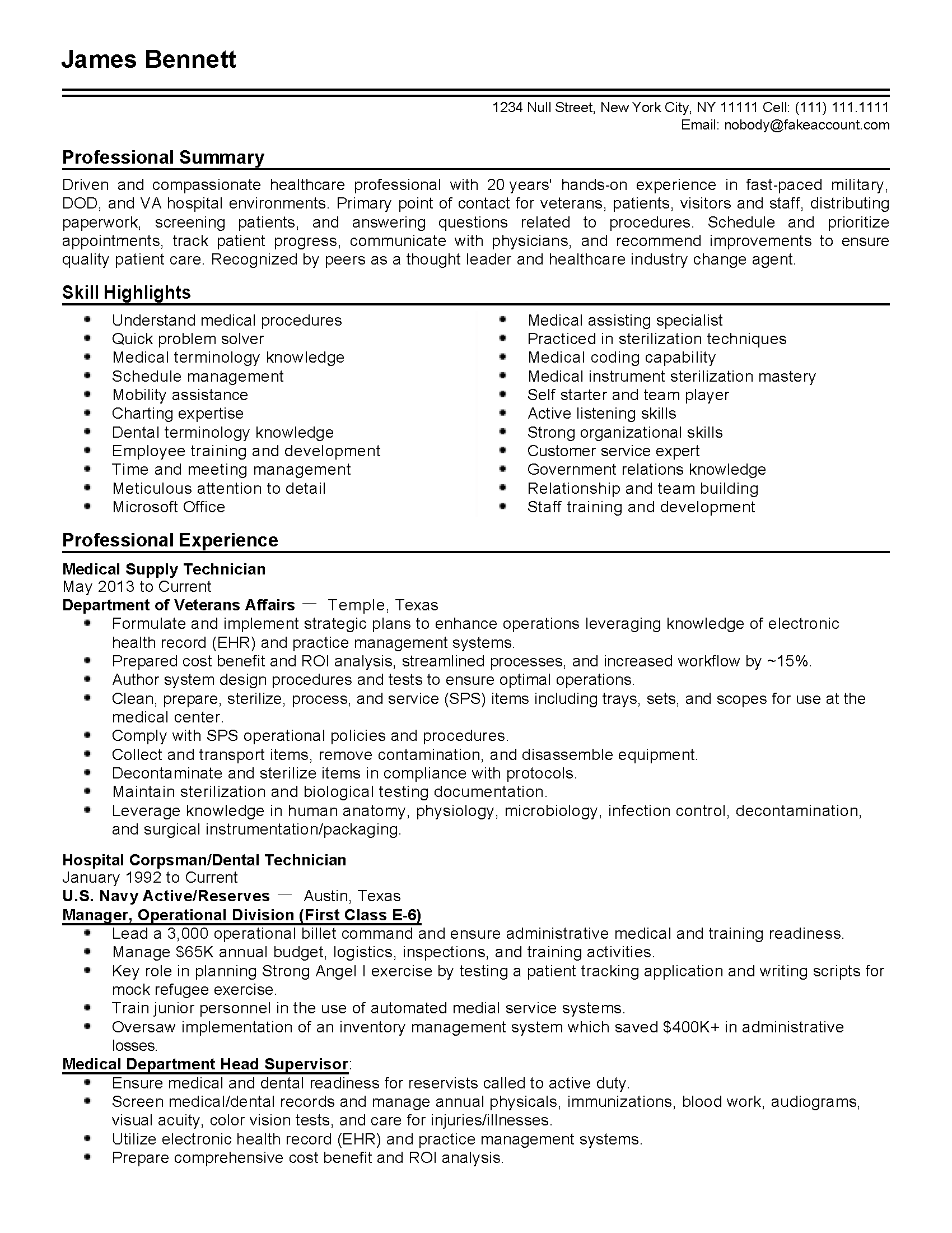 Military Healthcare Administrator Resume Example