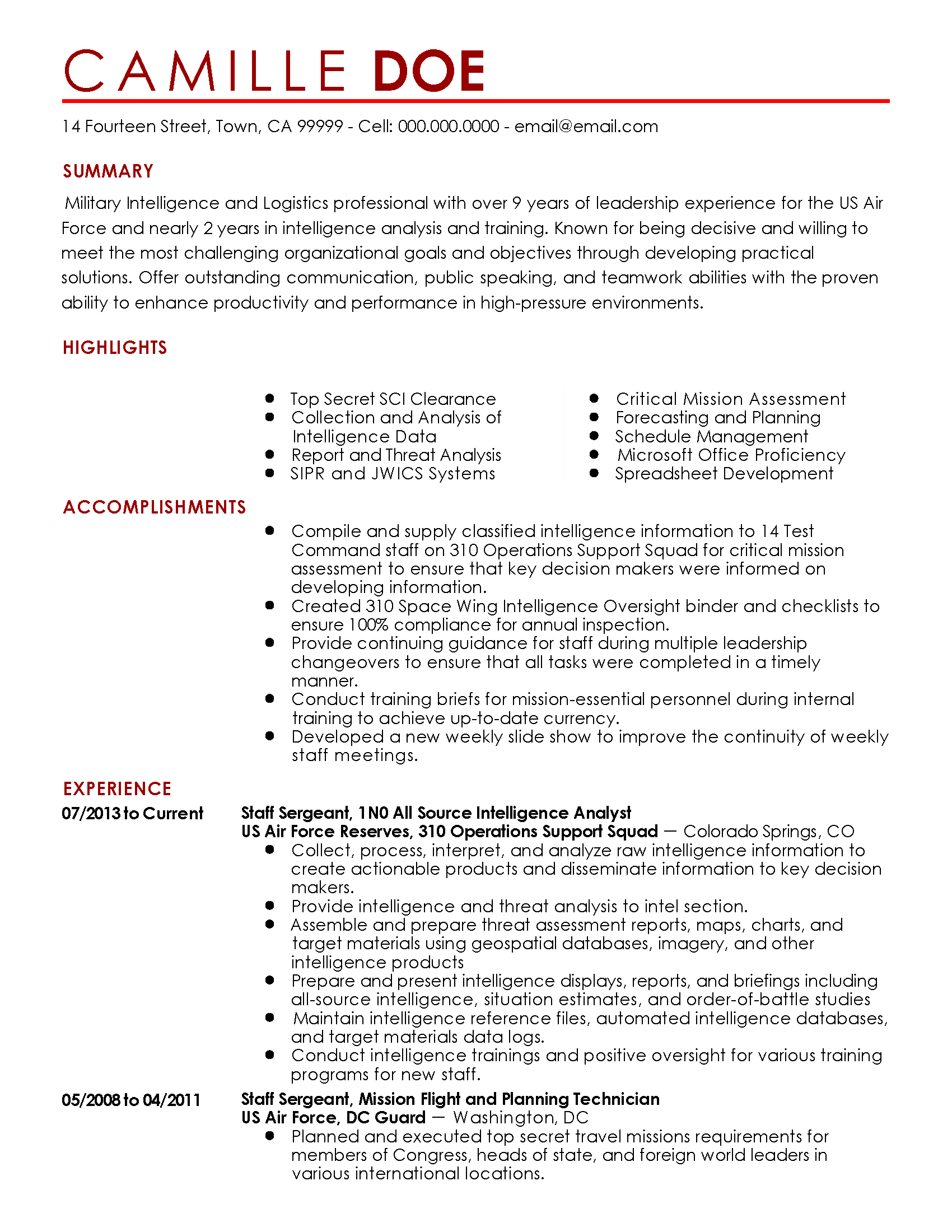 Military Intelligence Professional Resume Example