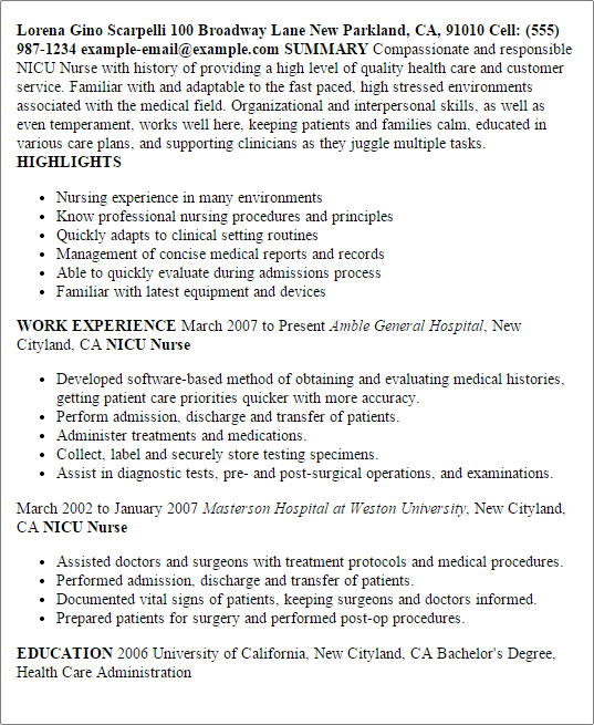 Nicu Nurse Resume Example