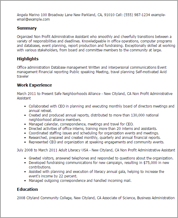 Non Profit Administrative Assistant - Non Profit Administrative Assistant Resume Format 1 