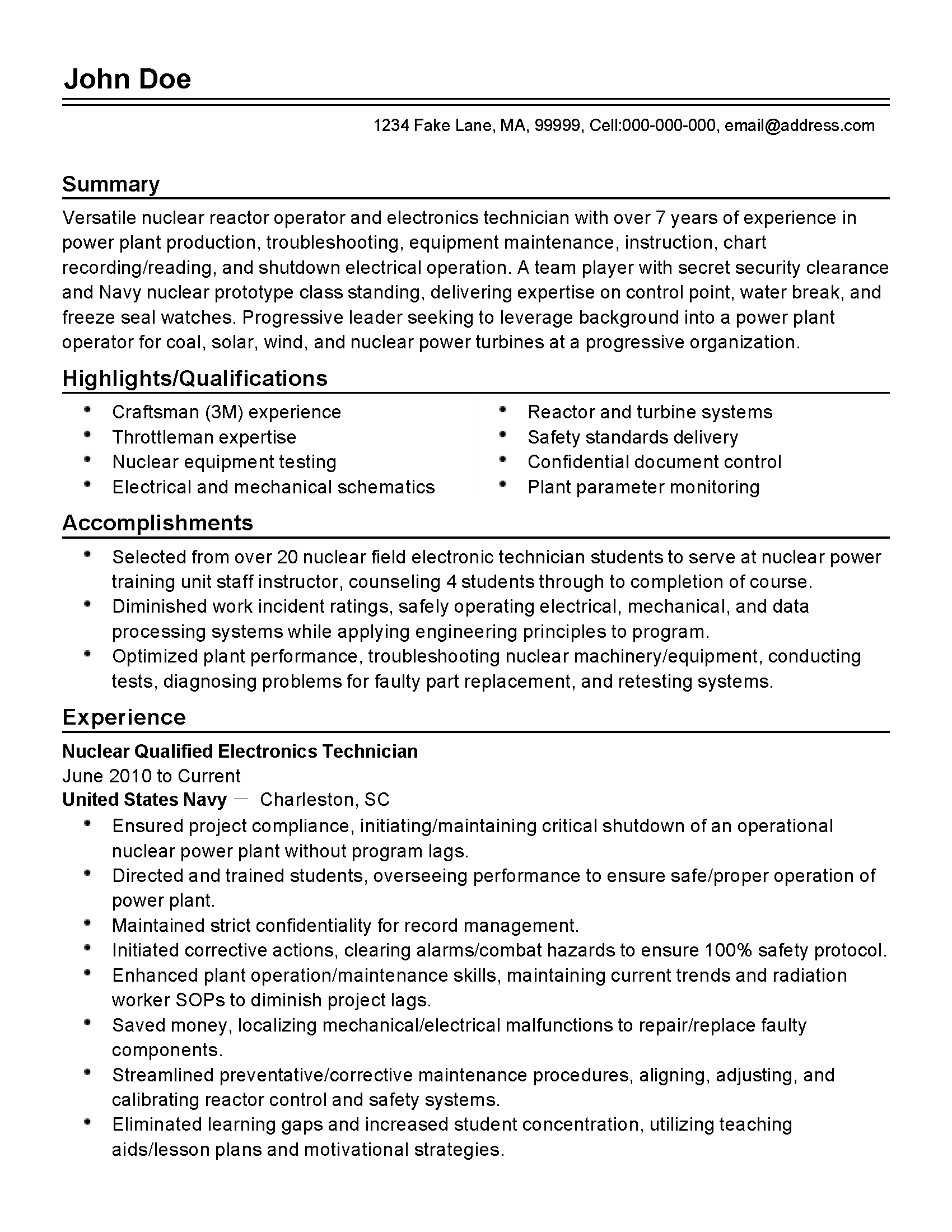 Nuclear Reactor Operator Resume Example
