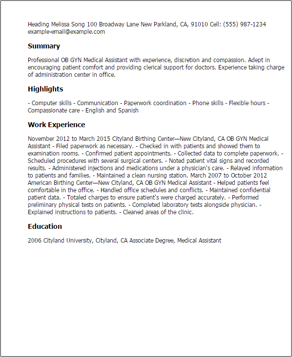 Ob Gyn Medical Assistant Resume Example