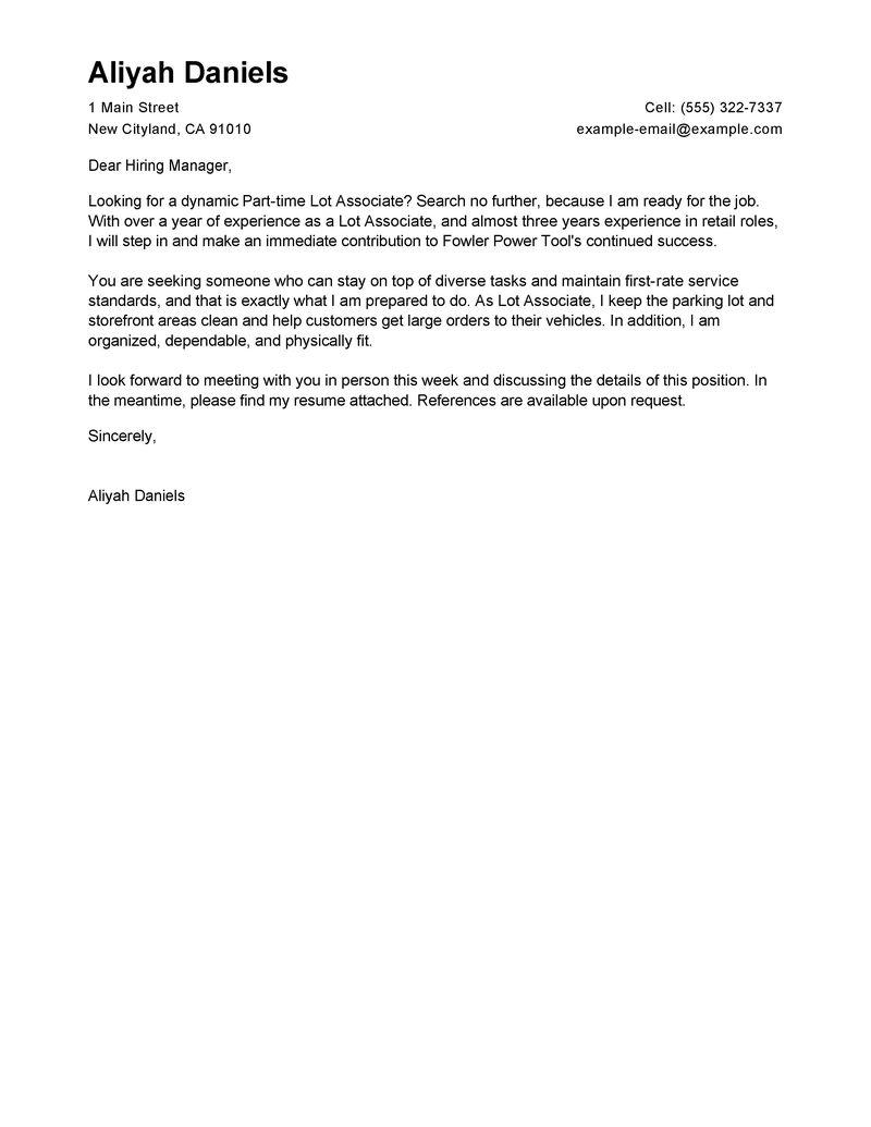 Parking Lot Associate Cover Letter Free Example