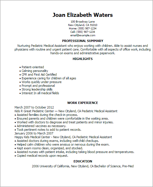 Pediatric Medical Assistant Resume Sample