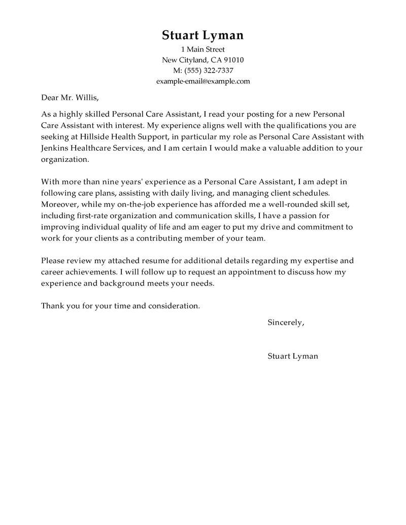 personal care assistant cover letter template