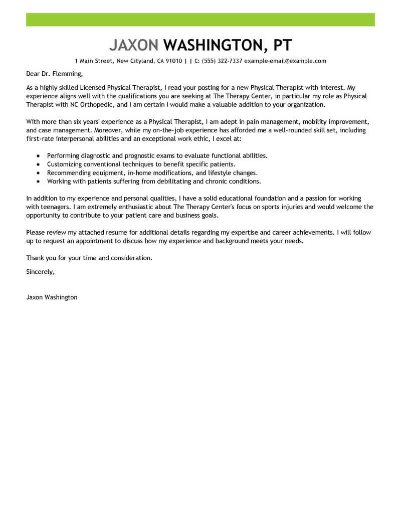 sample cover letter for physical therapy internship