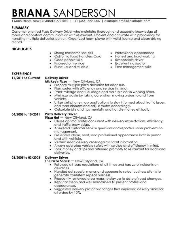 Pizza Delivery Driver Resume Example