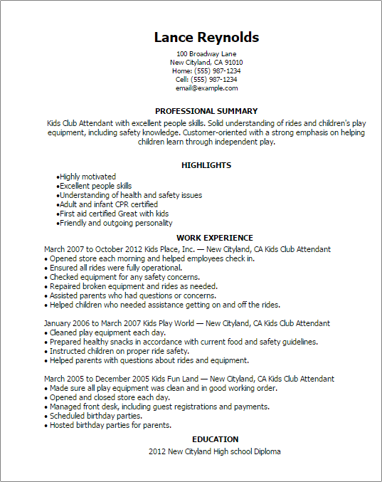 Playground Supervisor Resume Example
