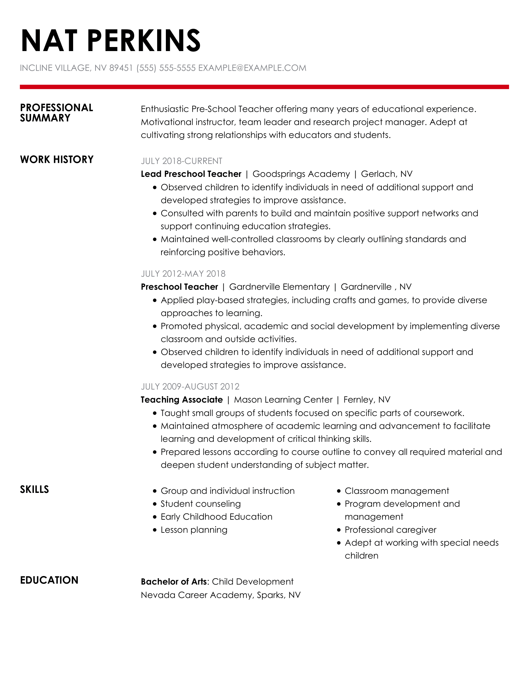 Preschool Teacher Resume Example Myperfectresume