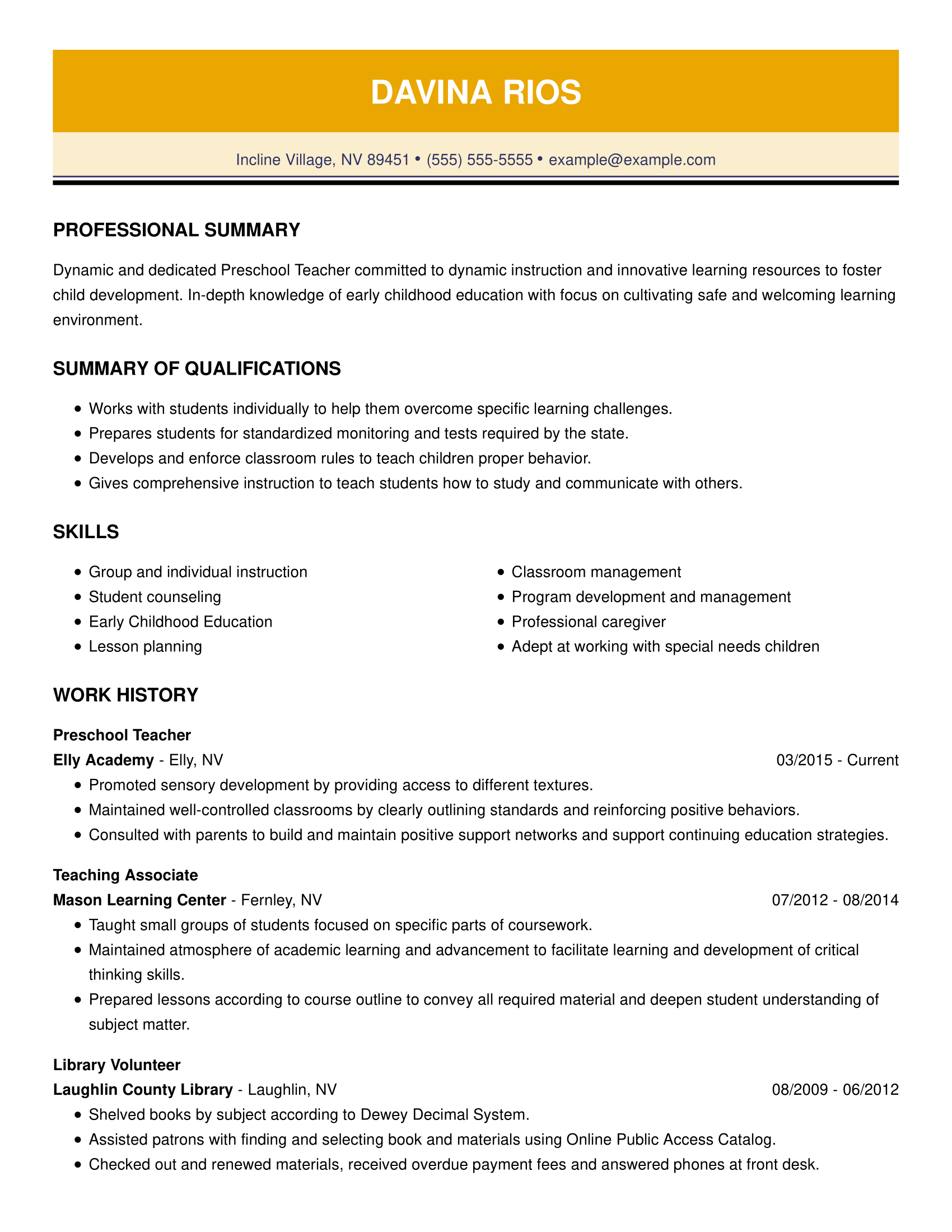 early childhood education resume