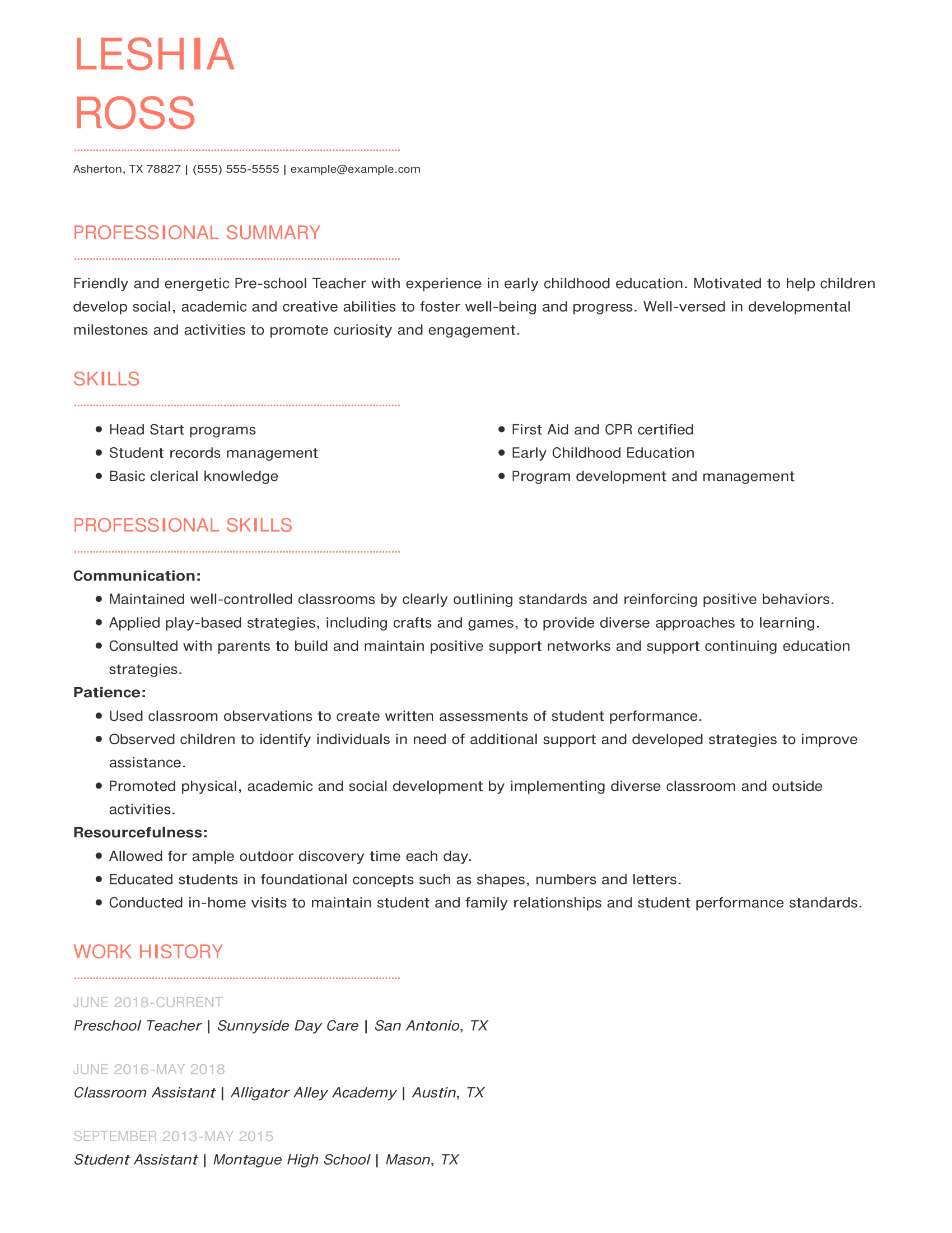 resume for pre primary teacher