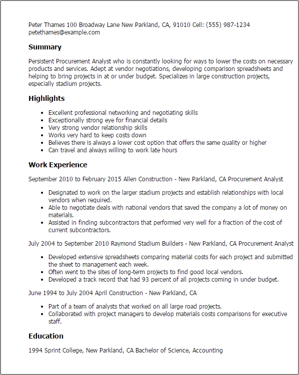 procurement analyst resume example