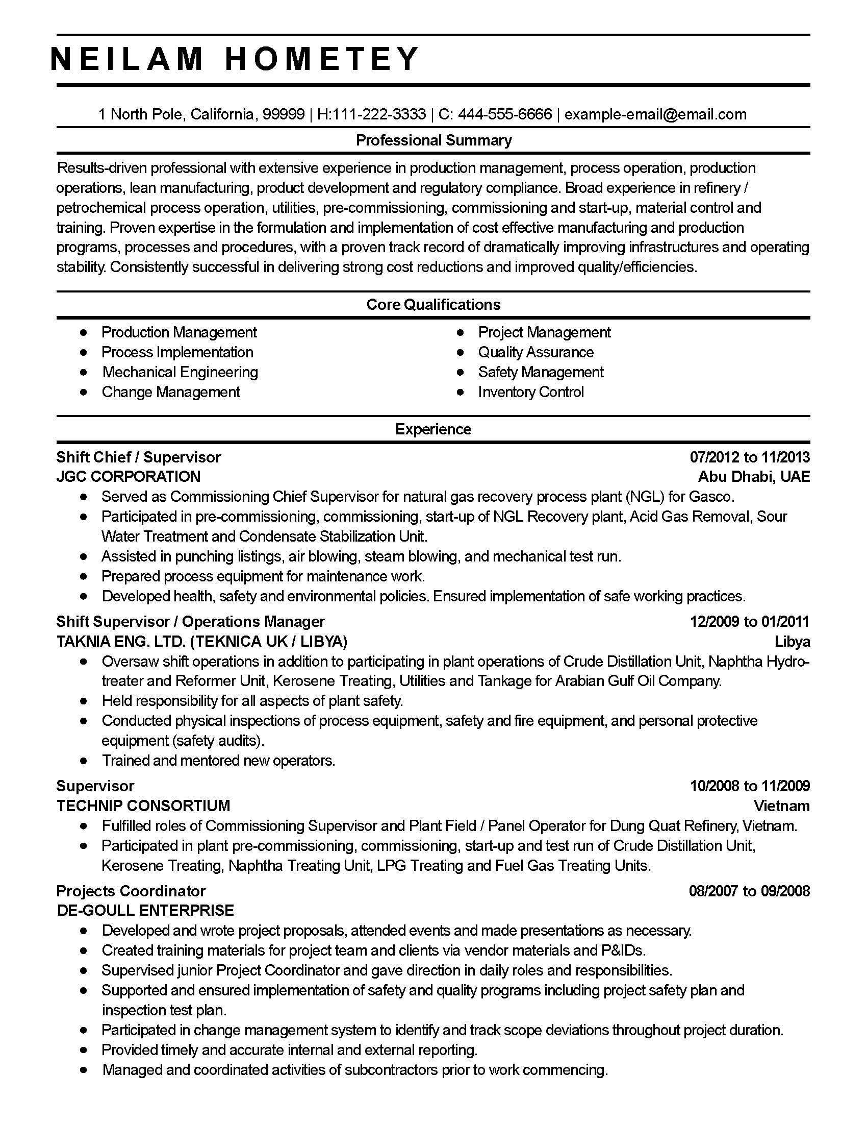 Production Manager Resume Example