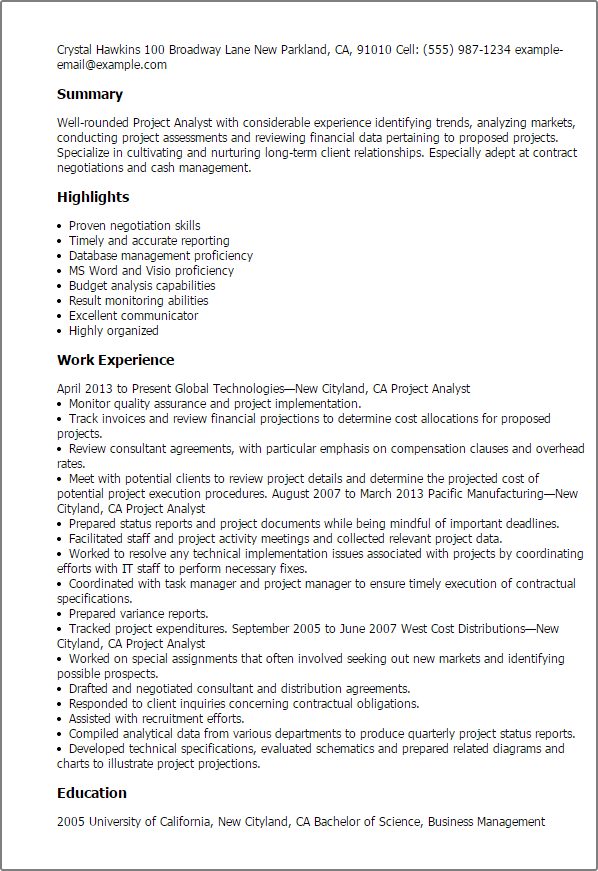 Project Analyst Resume Example
