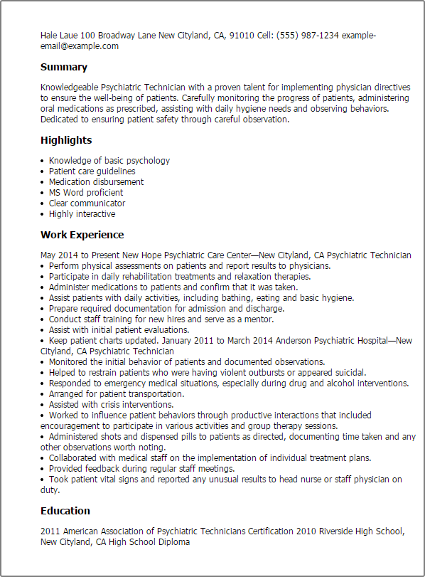 Psychiatric Technician Resume Example