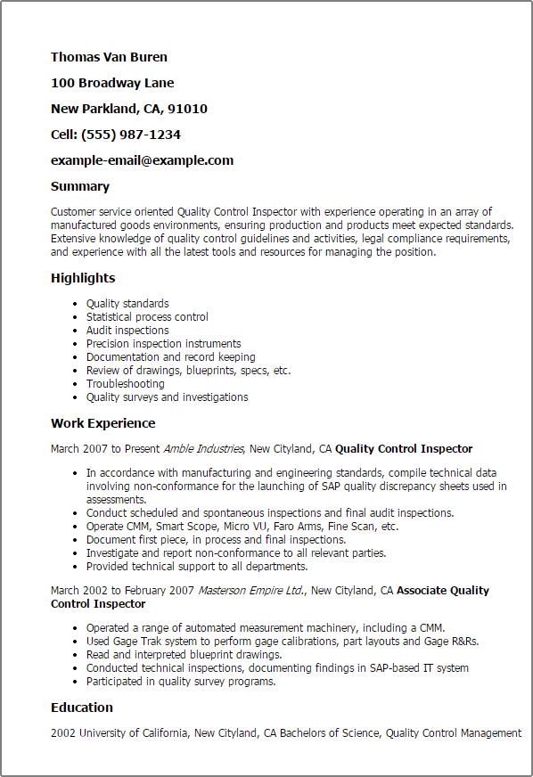 Quality Control Inspector Resume Example
