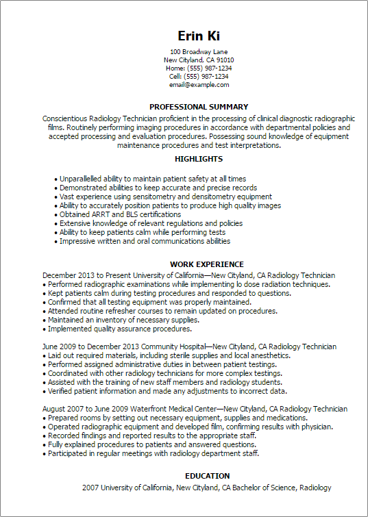 Radiology Technician Resume Example Myperfectresume