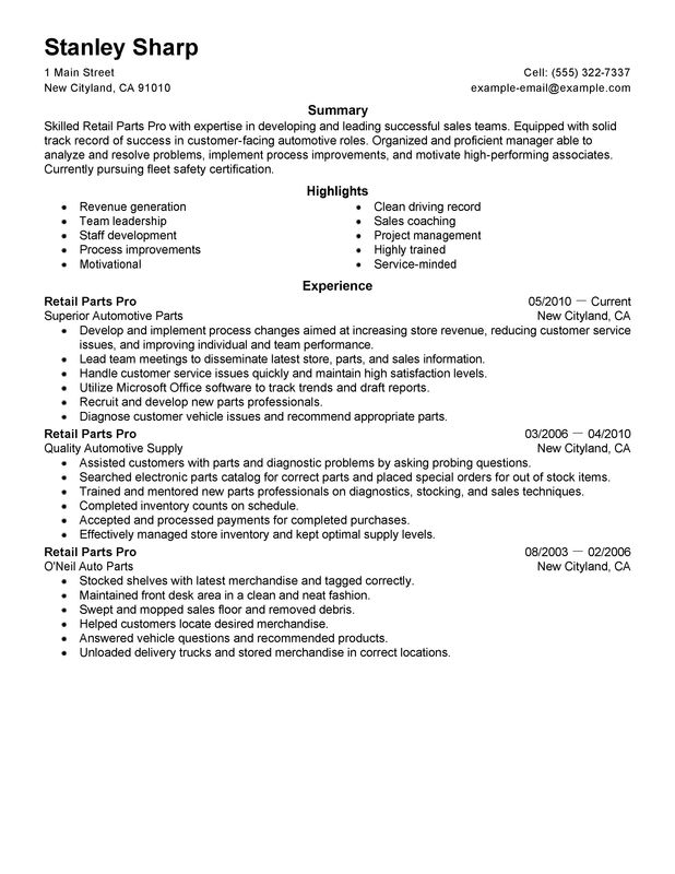 Retail Parts Pro Resume Example