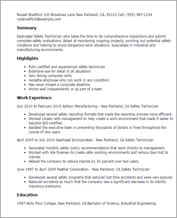 Safety Technician Resume Example