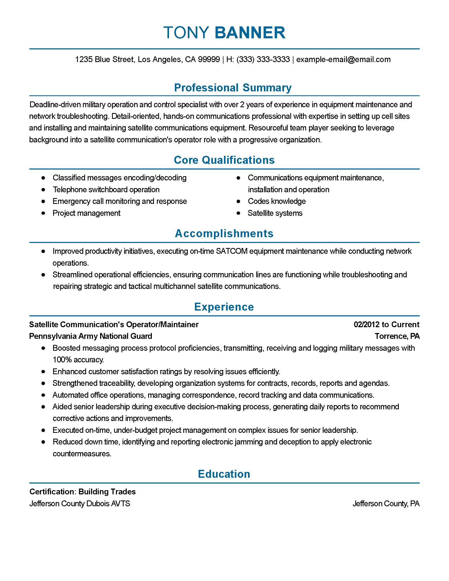 Satellite Communications Operator Resume Sample