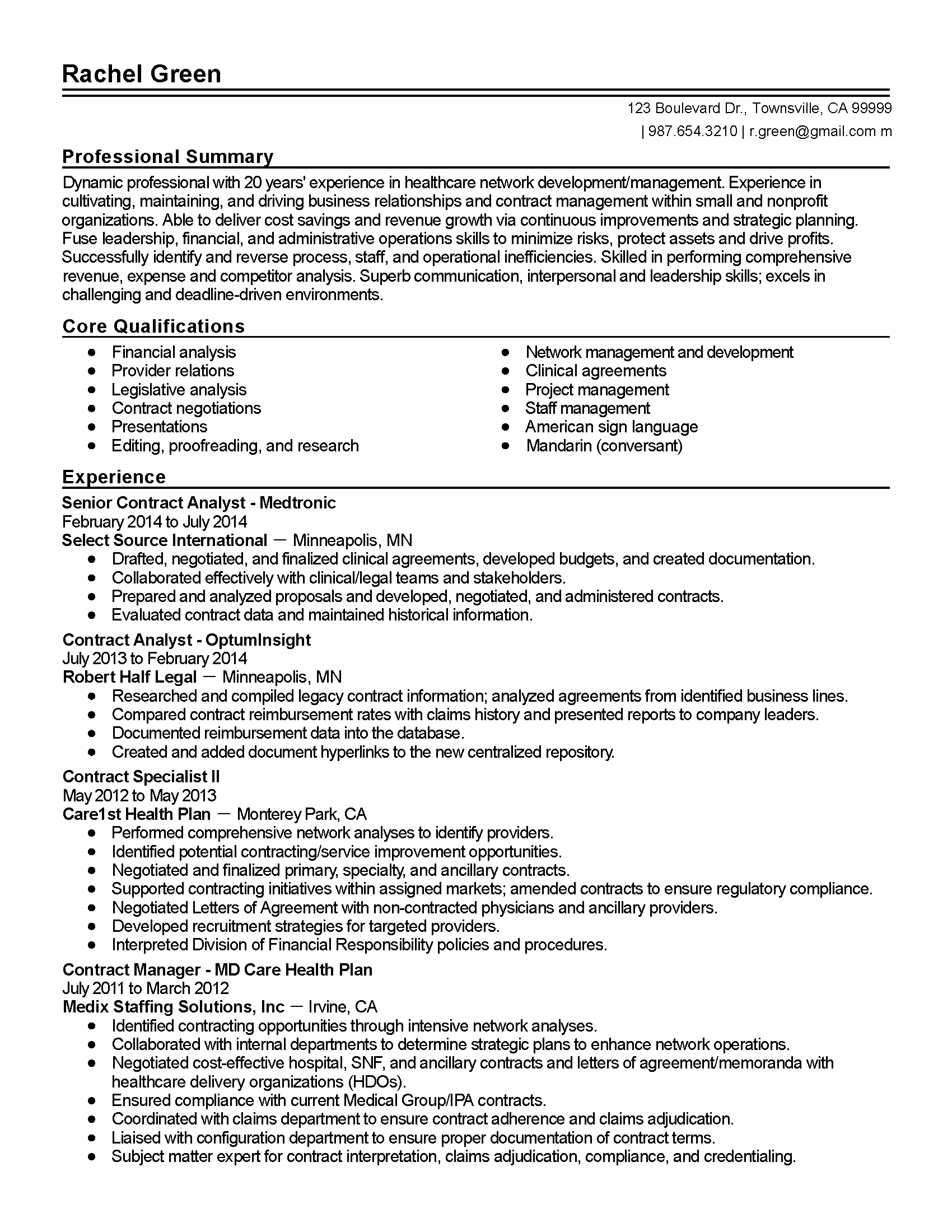 Senior Healthcare Contract Analyst Resume Example