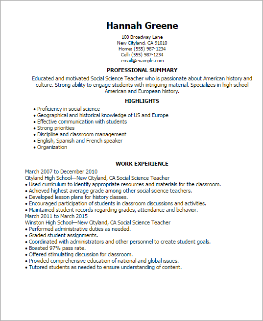 Social Science Teacher Resume Example Myperfectresume