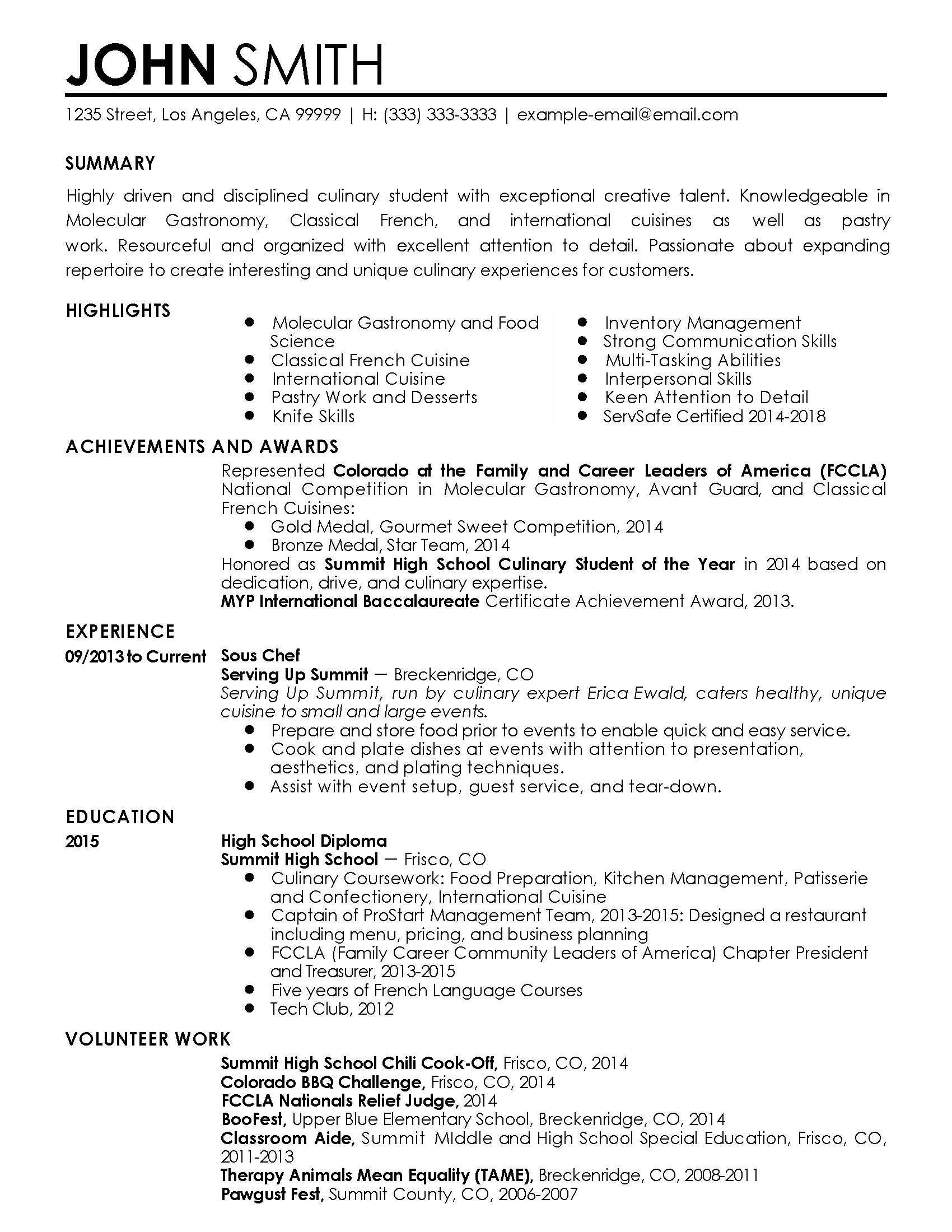 Professional Sous Chef Resume Example Myperfectresume