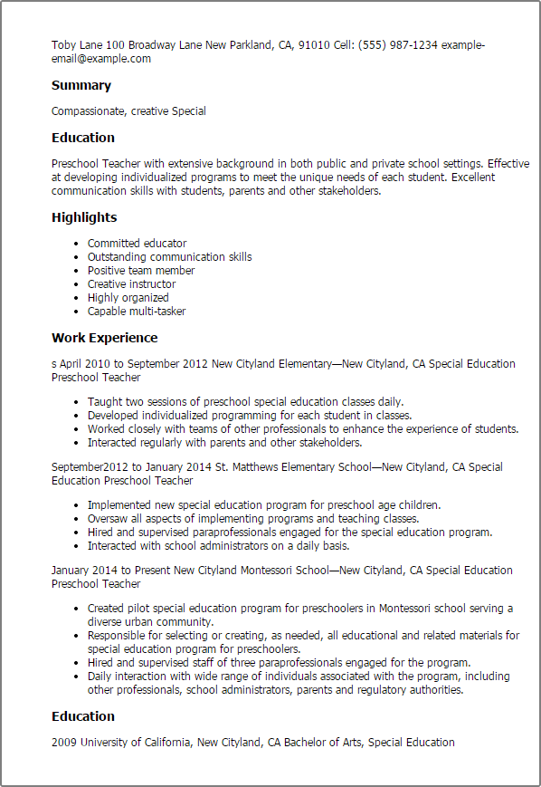 resume writing for special education students